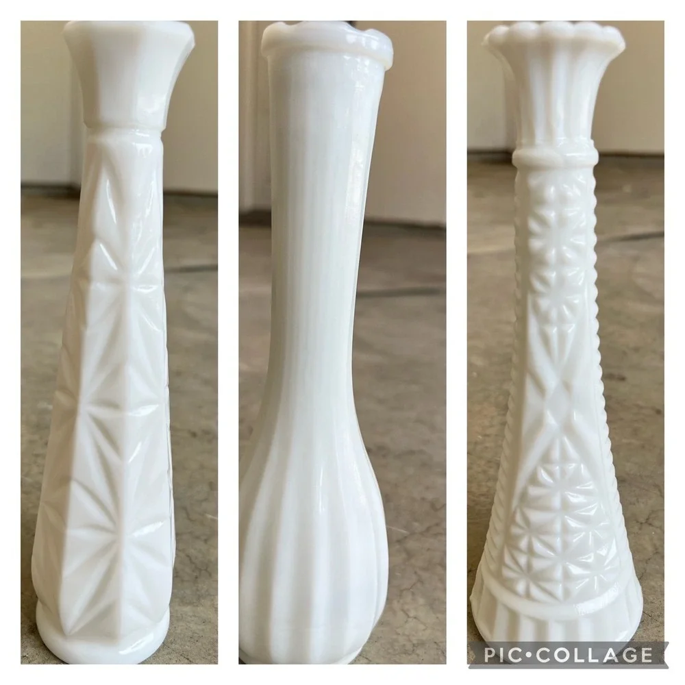 Vintage Milk Glass 9 Inch Bud Vase Lot of 3 White Stars Diamonds Ribbed Patterns